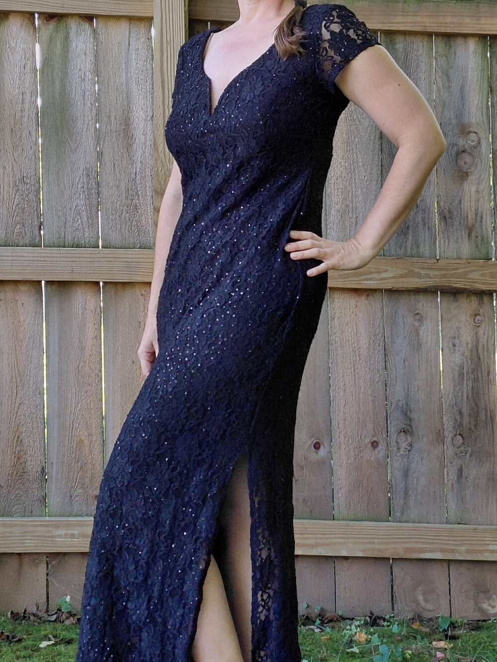Black Lace & Sequined Evening Dress with Short Sleeves & Side Slit - Size 10